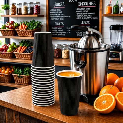 Ripple Wall Coffee Cups 25 Count 16 Ounce Insulated Black Paper Cups