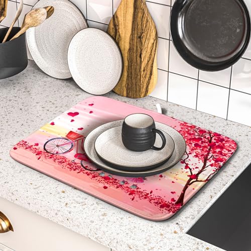 Pink Heart Valentine's Day Gnomes Dish Drying Mat for Kitchen Counter