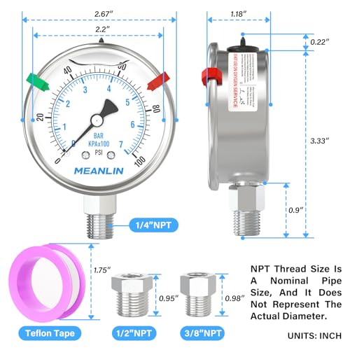 0~100Psi Stainless Steel Liquid Filled Pressure Gauge 2.5" FACE DIAL 1