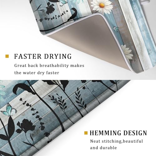 Blue White Daisy Floral Dish Drying Mat for Kitchen Counter