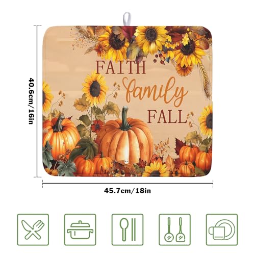 Faith FamilyFall Dish Drying Mat 16X18 Inch Thanksgiving Mats for Kitchen Counter Thanksgiving Autumn Harvest Pumpkin Dish Drying Mat Microfiber Dish Drying Pad Dish Rack Drainer Mat for Coffee Bar