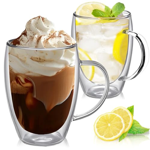 12 Ounces Set of 2 Double Walled Glass Coffee Mugs with Handle Insulated Layer Coffee Cups Borosilicate Glass Espresso Double Insulated Clear Glass Coffee Mug for Hot Beverages (2 Count)
