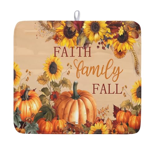 Faith FamilyFall Dish Drying Mat 16X18 Inch Thanksgiving Mats for Kitchen Counter Thanksgiving Autumn Harvest Pumpkin Dish Drying Mat Microfiber Dish Drying Pad Dish Rack Drainer Mat for Coffee Bar