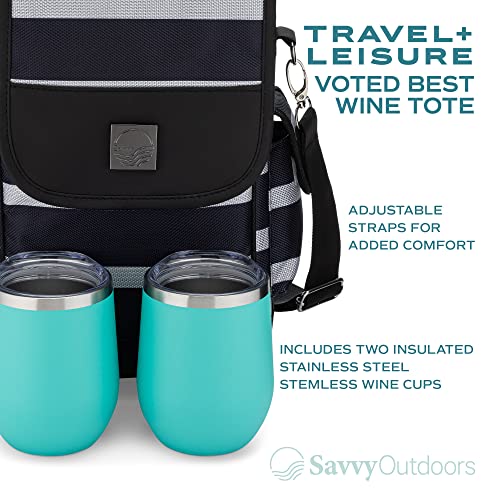 Savvy Outdoors Insulated Wine Tote Bag with Stemless Glasses & Exterior Pouch