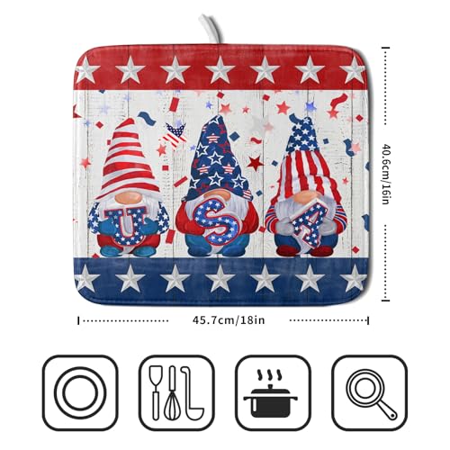 4th of July Gnomes Dish Drying Mat 16x18 inch Patriotic Elf Usa Stars Dish Drainer Mats Independece Day Small Microfiber Dish Drying Pad for Kitchen Countertop Holiday Decor