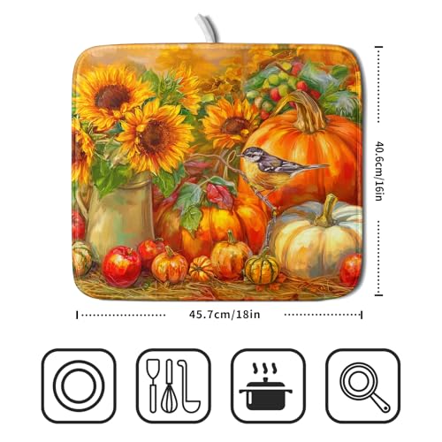 Vintage Fall Autumn Dish Drying Mat 16"x18" Small Rustic Pumpkin Sunflower Bird Dish Drainer Mats Thanksgiving Farmhouse Reversible Dish Drying Pad for Kitchen Countertop Dining Room