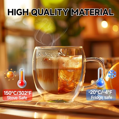 6 Ounces Set of 4 Double Walled Glass Coffee Mugs with Handle Insulated Layer Coffee Cups Borosilicate Glass Espresso Double Insulated Clear Glass Coffee Mug for Hot Beverages (4 Count)
