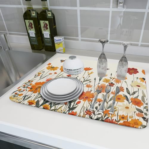 Fall Orange Wildflower Dish Drying Mat for Kitchen Counter