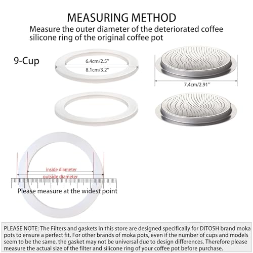 2 Pcs Filter with 3 Pcs Silicone Gasket Seals for 9 Cup Stovetop Espresso Coffee Maker Replacement Parts for DITOSH Aluminium Moka Pot (6 Count)