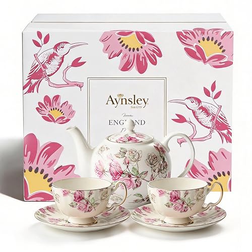 Fine Bone China Elizabeth Rose Teapot and Set of 2 Teacups & Saucers