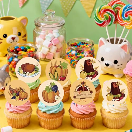 48PCS Edible Thanksgiving Day Cupcake Toppers Wafer Paper Autumn Food Cake Decorations Edible Pumpkins Cupcake Picks for Autumn Thanksgiving Party Birthday Decor Supplies