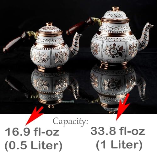 Handmade Copper Turkish Teapot Tea Kettle Pots Set for Stove Top Stovetop Decorative Infuser Vintage Antique Arabic Farmhouse Tray Cups Serving Party Moroccan Decor Style Persian Kitchen Fancy Gift (2 Count)
