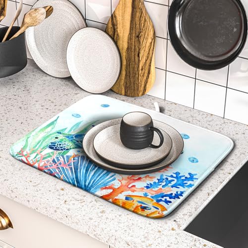 Sea Turtle Dish Drying Mat 16x18in Watercolor Blue Tortoise Dish Drainer Mats Nautical Ocean Coral Seashell Seaweed Microfiber Dish Drying Pad for Kitchen Countertop Small Decor