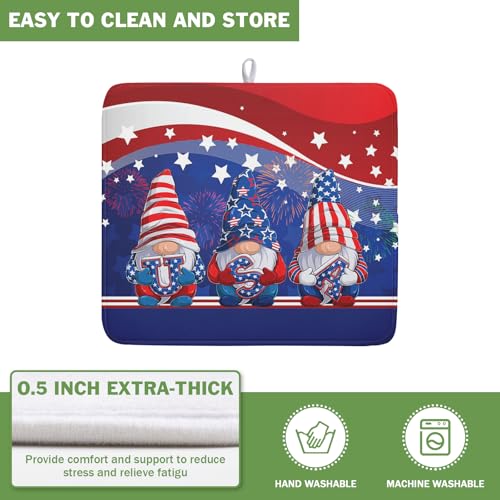4th of July Dish Drying Mat 16x18 Inch Spring Summer Patrioti Gnome Memorial Kitchen Mats Independece Day Absorbent Dishes Pad for Kitchen Counter Usa Stars Drying Mat Home Decor Countertops