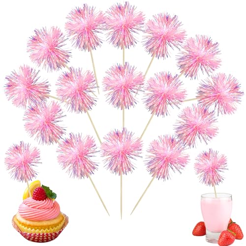 30Pcs Foil Firework Cupcake Toppers Sparkle Tinsel Cupcake Picks Happy Birthday Cake Toppers Drink Cocktail Food Fruit Toothpicks for Baby Shower Birthday Party Supplies Pink (30 Count)