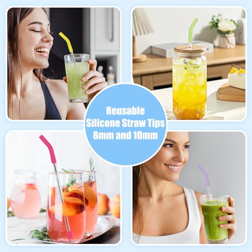18 Pcs 8mm 10mm Silicone Straw Tips with Bottom Sleeve Reusable Food Grade Rubber Straw Tips for Metal Glass Straws Replaceable Flex Toppers Elbow Covers for 8 (9 Count)