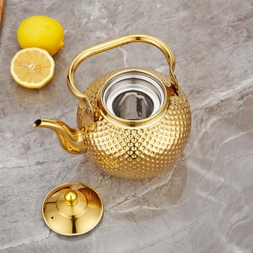 2000ml Teapot with Infuser Stainless Steel Lifting Handle Tea Maker Gold