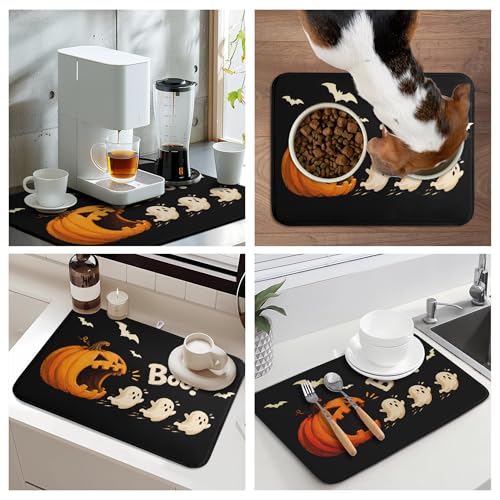 Halloween Ghost Dish Drying Mats Spooky Pumpkin Dish Mat Bat Drying Matt Dishes Dryer Pad for Kitchen Counter Absorbent Microfiber Washable Foldable Reusable 18x24 in