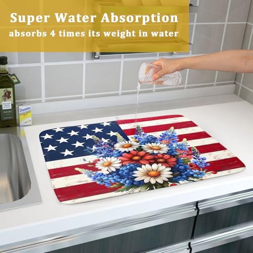 4th of July Patriotic Flower Dish Drying Mat for Kitchen Counter