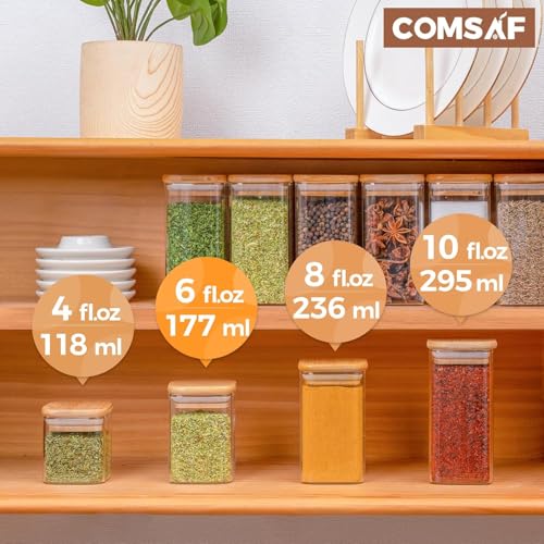 Glass Spice Jars with Labels 6 oz 6 Pack Small Square Bamboo Lids (6 Count)