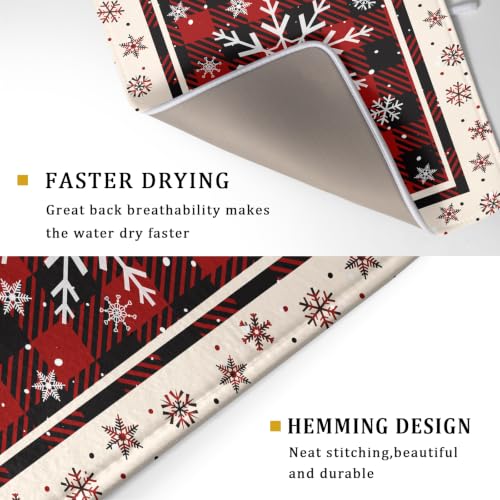 18"x24" Christmas Snowflakes Dish Drying Mat Xmas Red Black Buffalo Plaids Winter Snow Dish Drainer Mats Microfiber Reversible Dish Drying Rack Pad for Kitchen Countertop Tabletop Decor