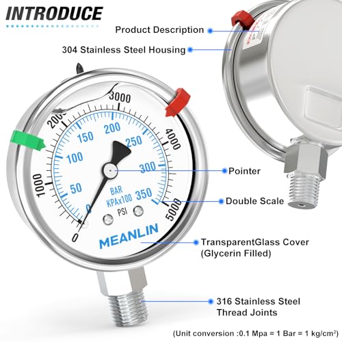 0~5000Psi Stainless Steel Liquid Filled Pressure Gauge 2.5" FACE DIAL 1