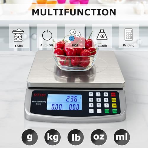 110lb 50kg Food Scale Digital Kitchen Scale with Tray Large LCD Display 304 Stainless Steel Commercial Price Computing Scale Counting Scale for Baking Cooking Meat Industry Counting Adapter Included (2.2 Count)