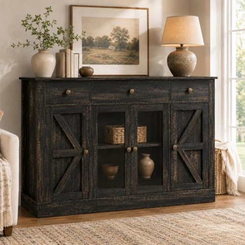55" Large Coffee Bar Cabinet with 4 Doors and 3 Drawers