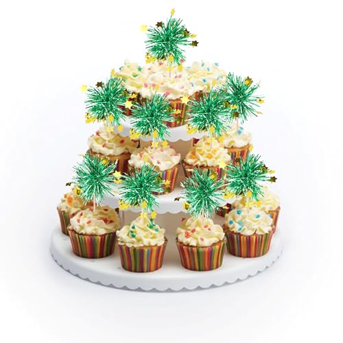 30 PCS Foil Firework Cupcake Toppers Happy Birthday Star Cupcake Picks Sparkle Tinsel Drink Stirrers Cocktail Fruit Toothpicks for Valentine's Day Wedding Birthday Party Decorations Supplies Green (30 Count)