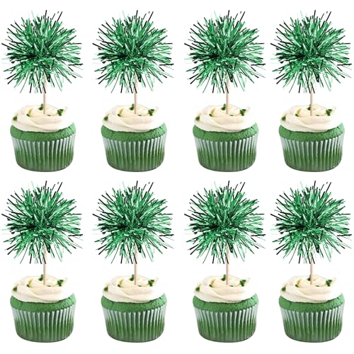 40 PCS Foil Firework Cupcake Toppers Green Sparkler Cupcake Picks Sparkle Tinsel Fireworks Decorations Cocktail Fruit Toothpick for Firework Theme Birthday Wedding Graduation Party Decoration Supplies (40 Count)