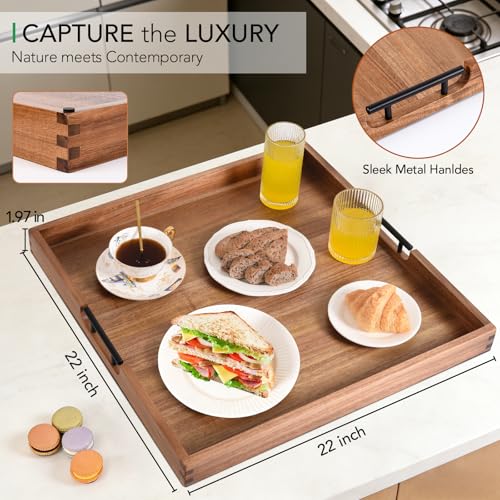 Acacia Wood Ottoman Tray with Handles 22" x 22"