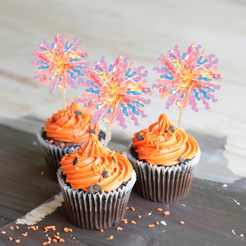 30Pcs Foil Firework Cupcake Toppers Happy Birthday Cake Toppers Tinsel Flower Drink Stirrers Cocktail Food Fruit Toothpicks for Valentine's Day Party Decorations Orange (30 Count)