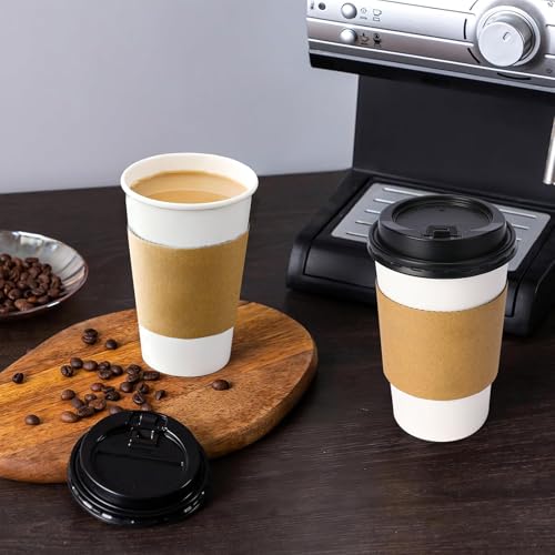 100 Pack 16 oz Disposable Coffee Cups With Lids and Sleeves (100 Count)