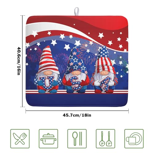 4th of July Dish Drying Mat 16x18 Inch Spring Summer Patrioti Gnome Memorial Kitchen Mats Independece Day Absorbent Dishes Pad for Kitchen Counter Usa Stars Drying Mat Home Decor Countertops