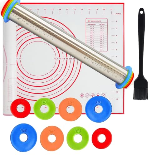 Adjustable Rolling Pin 3 Set and Silicone Baking Pastry Mat Silicone Bush Set