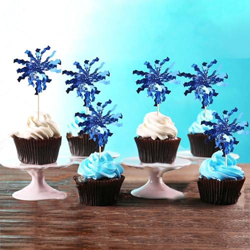 30 PCS Foil Firework Cupcake Toppers Sparkle Tinsel Cupcake Picks Happy Birthday Cake Toppers Drink Stirrers Cocktail Fruit Toothpicks for Baby Shower Birthday Party Decorations Supplies Dark Blue (30 Count)