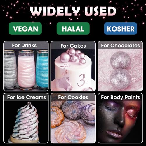 Edible Food Grade Glitter Powder Glimmer Luster Dust Metallic Fancy Food Decorating Sprinkle Glimmery Dust for Drink Wine Beverage Cake Bakery Vegan Allergen