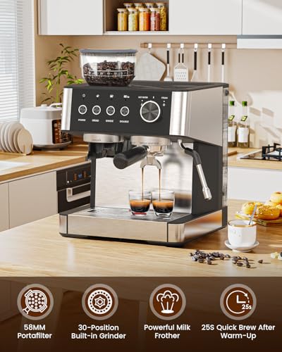 2026 Upgrade) Espresso Machine with Grinder, Expresso Coffee Machines with Built-in Anti-Clog Coffee Grinder/Milk Steam Wand/Frother, Expresso Machines for Home Perfect Cappuccino & Latte-Gloss Black