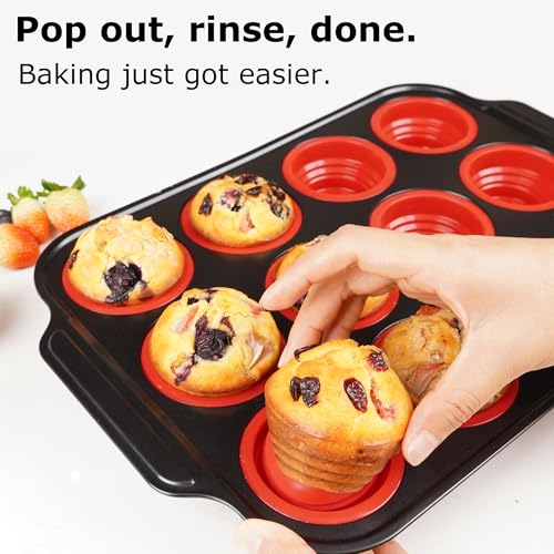 Silicone Muffin Pan for Baking with Metal Frame (12 Count)