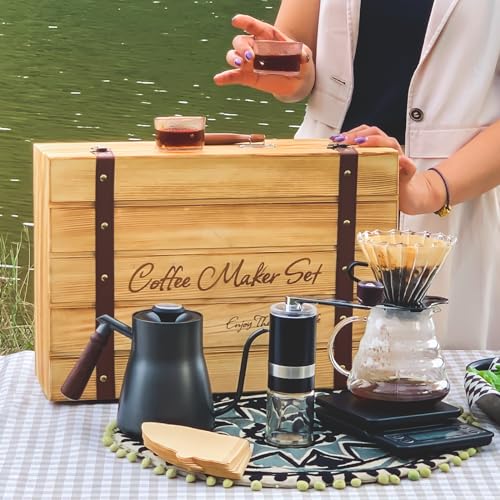Pour Over Manual Coffee Maker Set 2 Cup Coffee Dripper with Wooden Suitcase Coffee Kettle Scale Bean Grinder All In 1 Traveling Camping Hiking