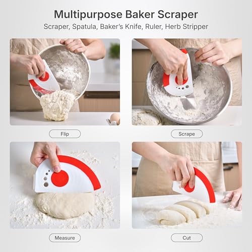 red 5-in-1 flexible dough and bowl scraper with stainless-steel edge and integrated ruler