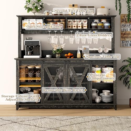 63"Wide 58"H Farmhouse Coffee Bar Cabinet with Power Outlet and LED Light