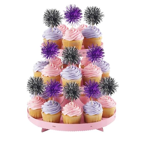 40 PCS Foil Firework Cupcake Toppers Sparkle Tinsel Cupcake Picks Fireworks Birthday Party Decorations Cocktail Fruit Toothpick for Birthday Wedding Graduation Party Decorations Supplies Black Purple (40 Count)