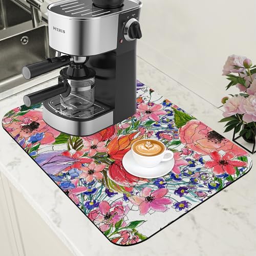 Dish Drying Mat Watercolor Colorful Floral Coffee Bar Mat for Countertop Absorbent Coffee Mat Rubber Backed Hide Stain Dish Drainer Rack Mat Coffee Maker Coffee Pot Dining Room Decor 11.8 x 19.7 Inch