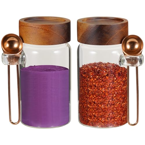 8 oz Small Glass Mason Jars with Scoop Wooden Screw Lid Spice Herb Storage Container Clear Round Glass Food Canister for Seasoning Sugar Tea Coffee Bean Spice Salts Pantry