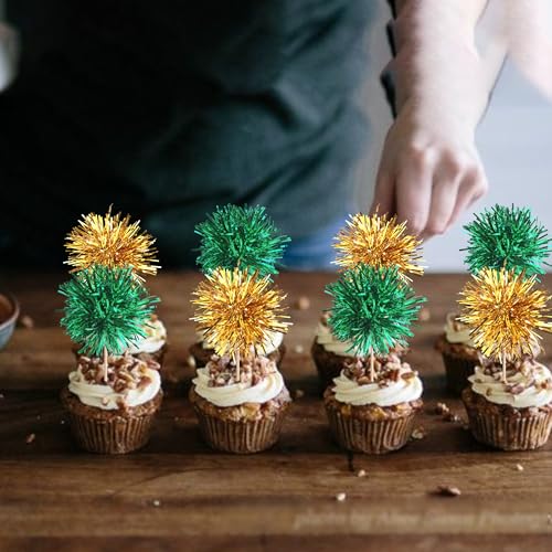 40 PCS Foil Firework Cupcake Toppers Fireworks Cupcake Picks Sparkle Tinsel Cake Decorations Cocktail Fruit Toothpick for Firework Theme Birthday Wedding Graduation Party Decor Supplies Gold Green (40 Count)