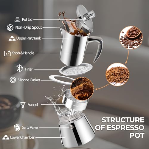 304 Thickened Stainless Steel Uncoated 4 Cup Moka Pot Coffee Maker