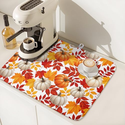 Fall Pumpkin Dish Drying Mat for Kitchen Counter 16x18 Inch Autumn Pumpkins Maple Leaves Drying Mats Thanksgiving Absorbent Reversible Dish Pad Fast Dry Drainer Mat Protector for Countertop Coffee Bar