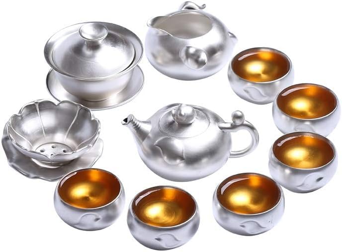 999 Sterling Silver Tea Set Kung Fu Tea Cup Set with Silver Set Tea Home Ceramic Teapot Lid Bowl for Gift