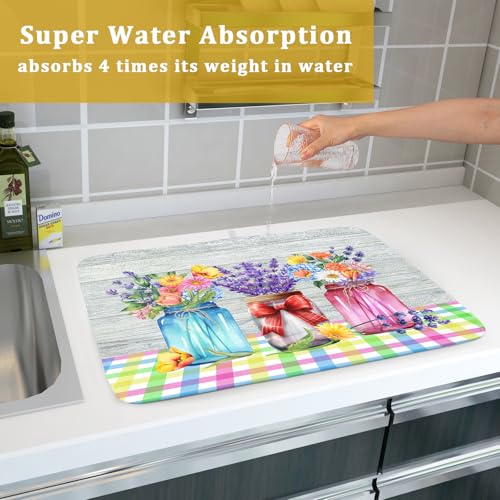 Spring Summer Flowers Dish Drying Mat for Kitchen Counter 18"x24" Spring Floral Jars Drying Mat Soft Absorbent Microfiber Farmhouse Colorful Floral Dish Drainer Rack Mats for Counter tops